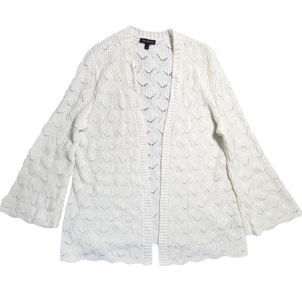 Ivory White Pointelle Knit‎ Open Front Cardigan Bell Sleeves Womens 10/12